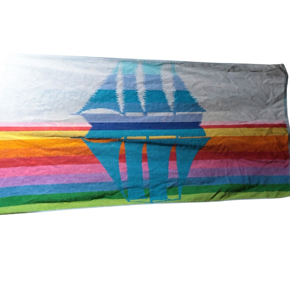 VTG Royal Terry Beach Towel Sailboats Rainbow Stripes‎ Cotton Retro Nautical SEE